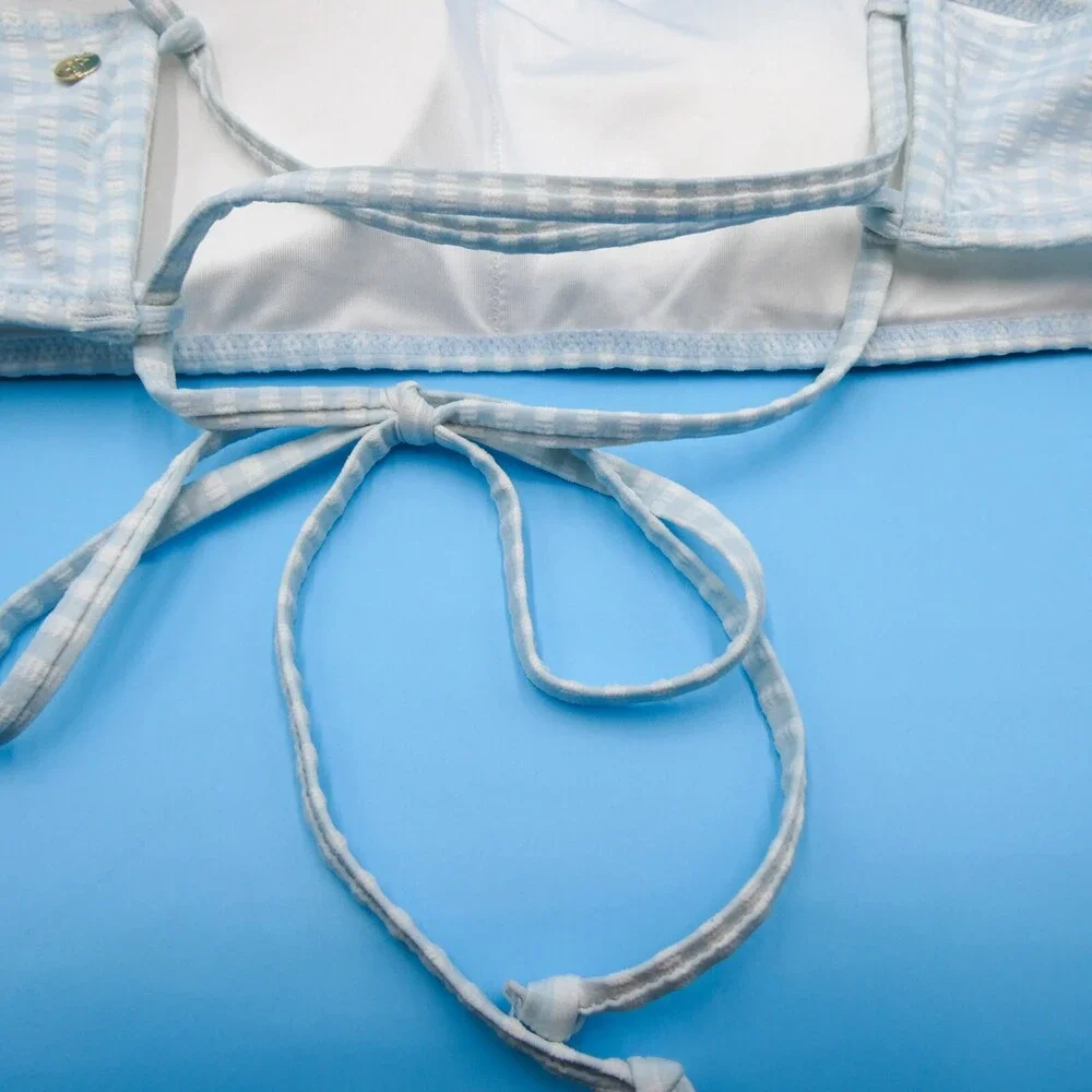 Victorias Secret Small White Blue Check Padded Halter Bikini Top Ribbed Swimwear